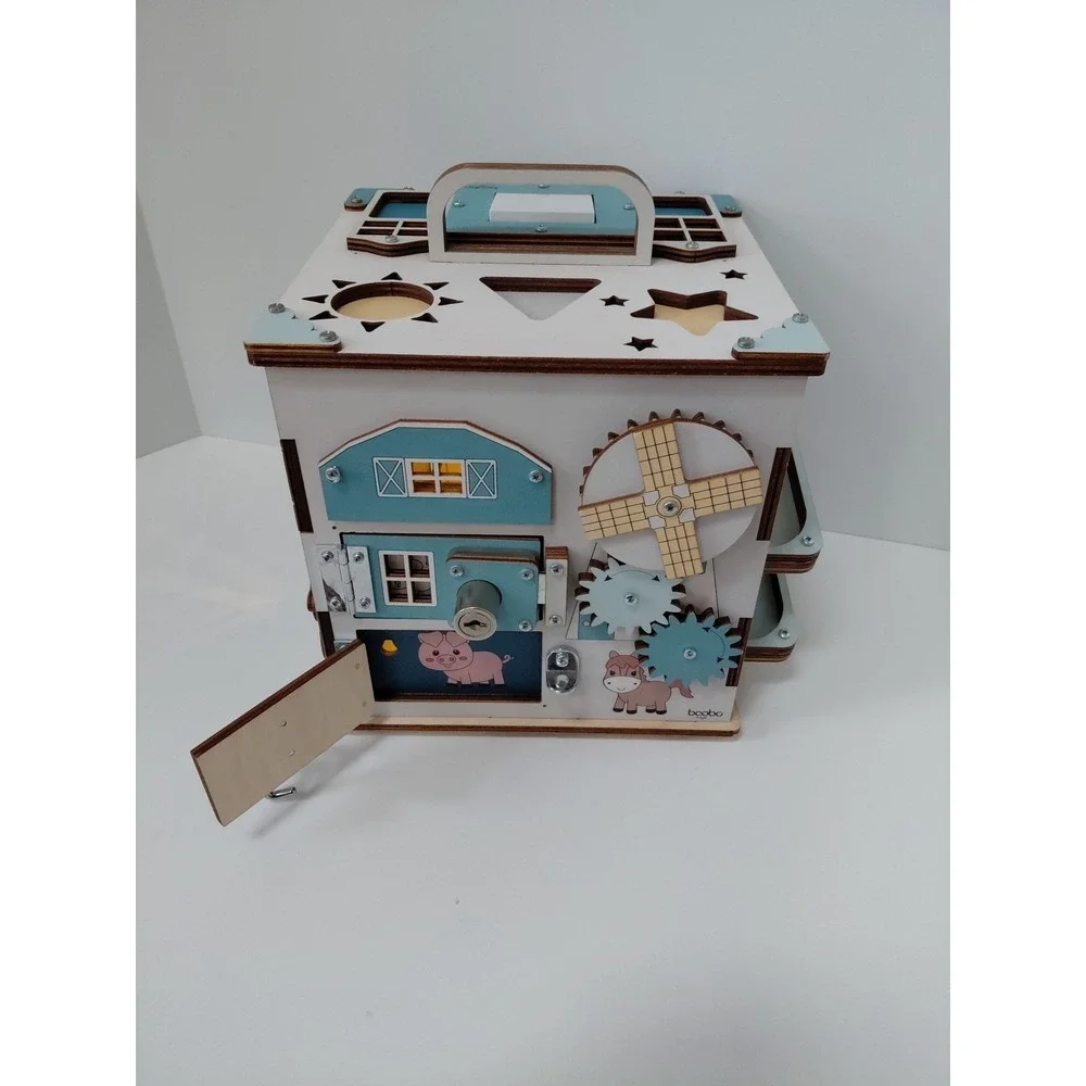 Boobo Toys Wooden Busy Development Activity‎ Cube Blue Undertones Size Medium